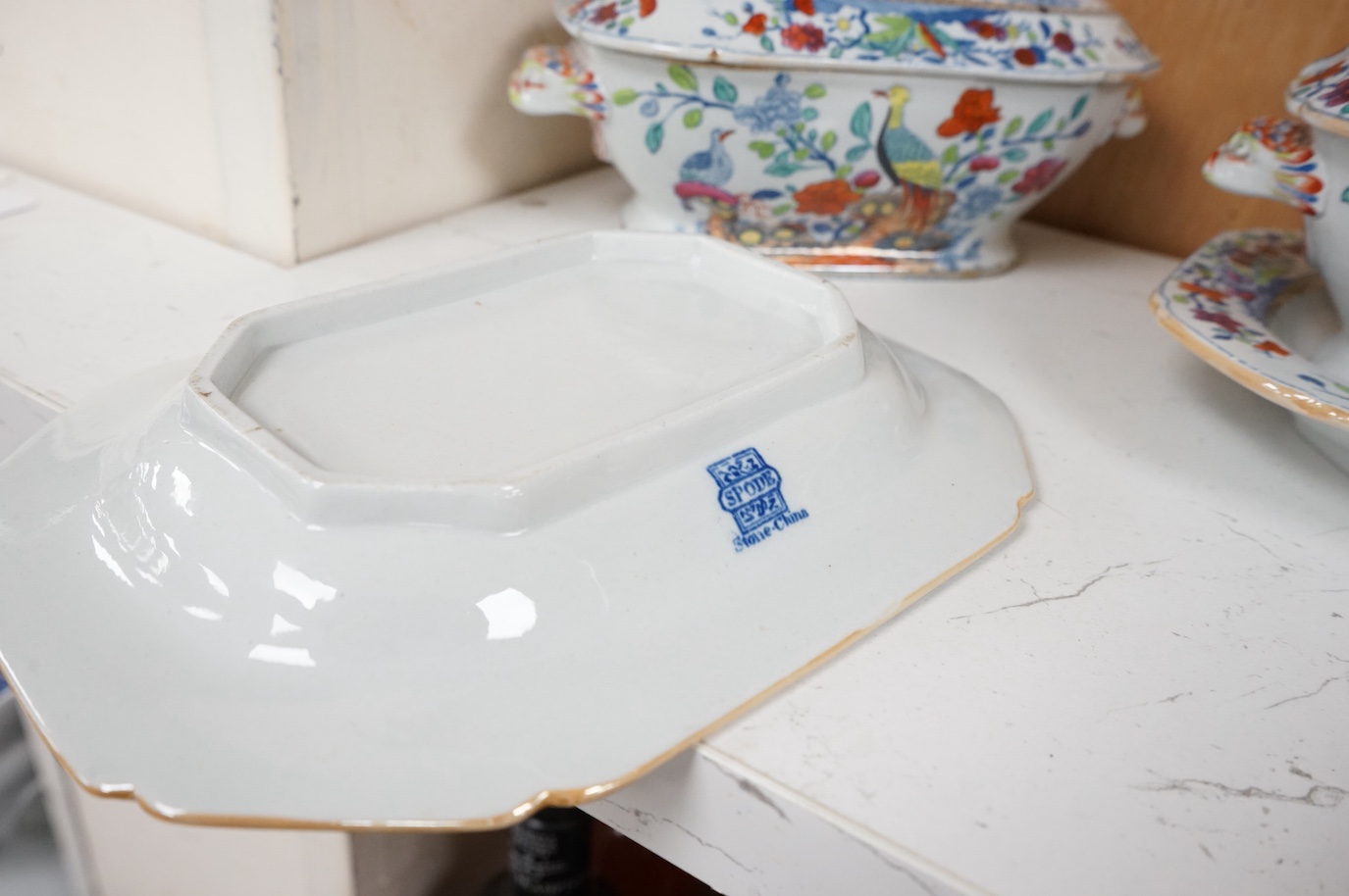 A pair of Spode pheasant design stone china sauce tureens covers and stands, c.1825, 19cm wide